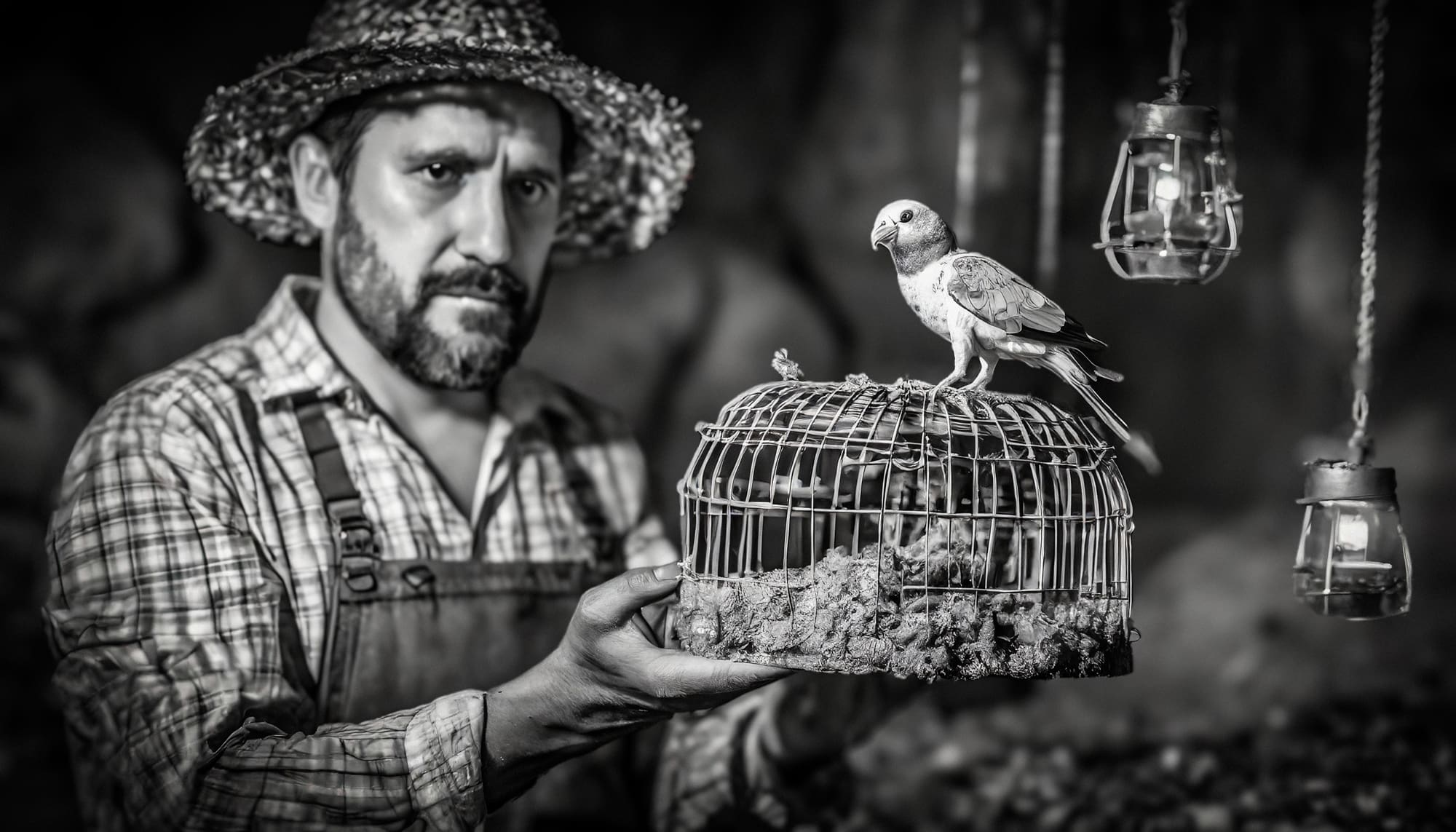Coal miner holds a cage with a small bird perched on top.